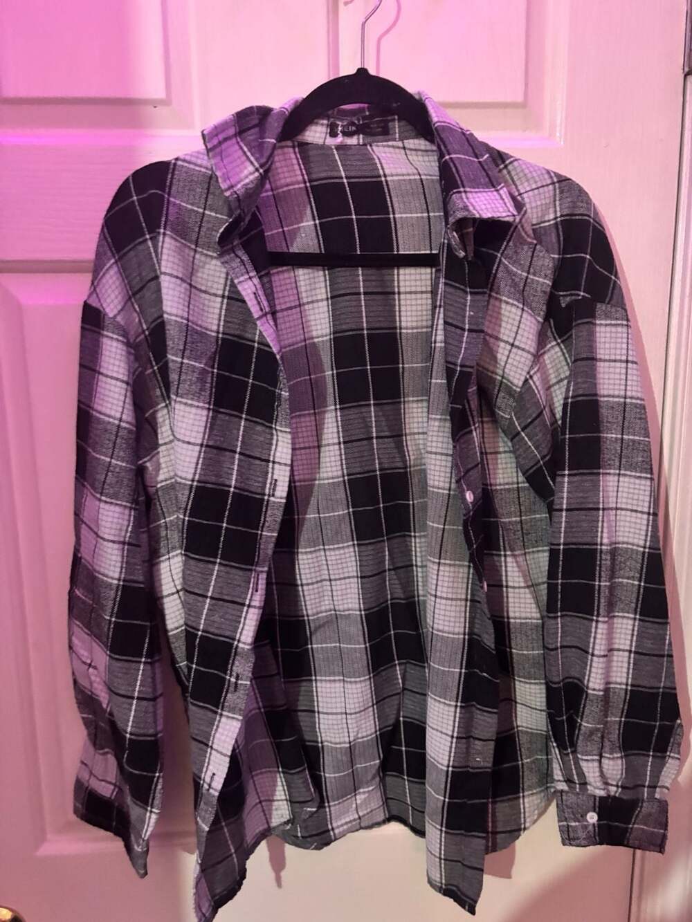 Shein Plaid Flannel Button Up Shirt Medium Black White